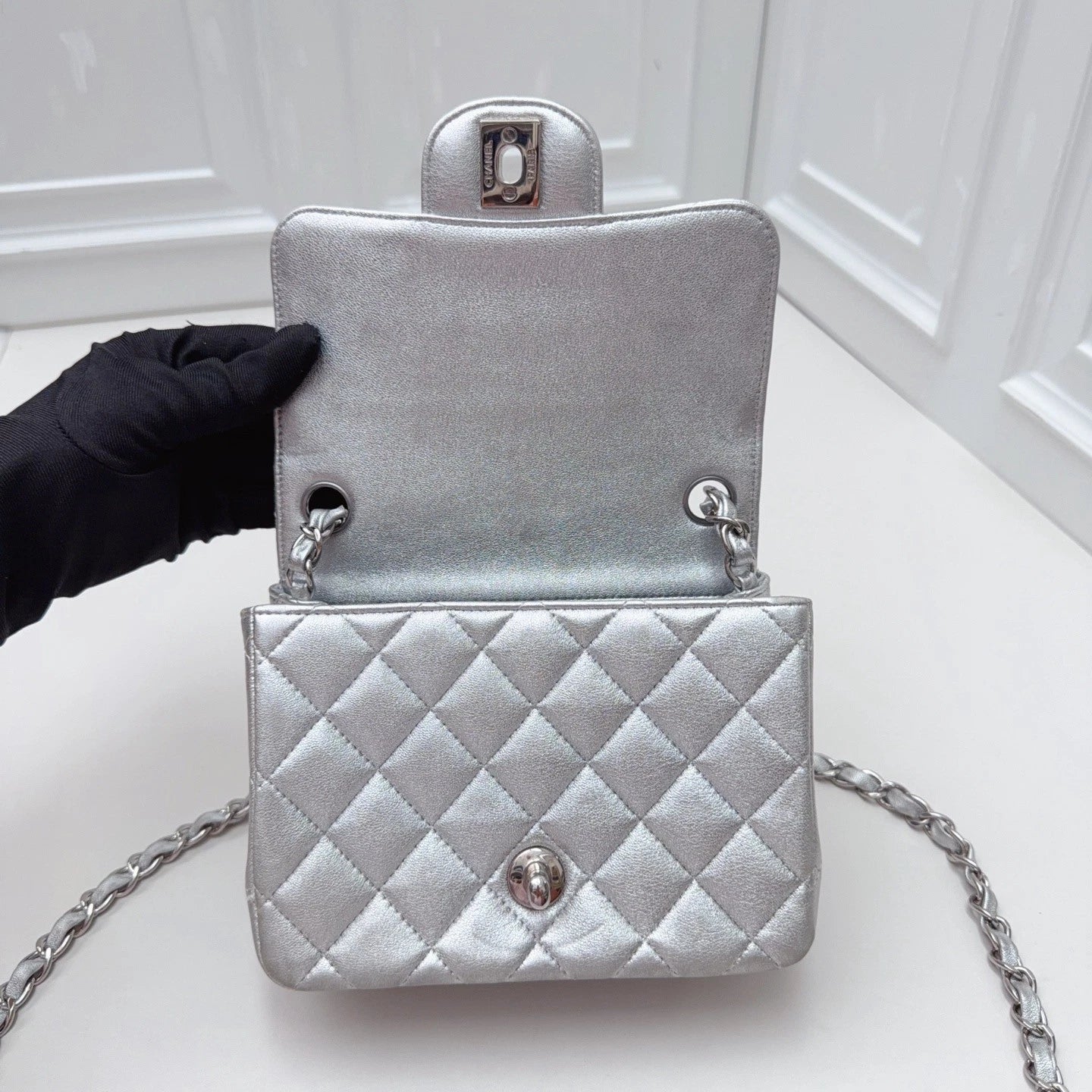 Chanel Classic Flap MINI Chain Shoulder Crossbody Bag Silver Women Classic
