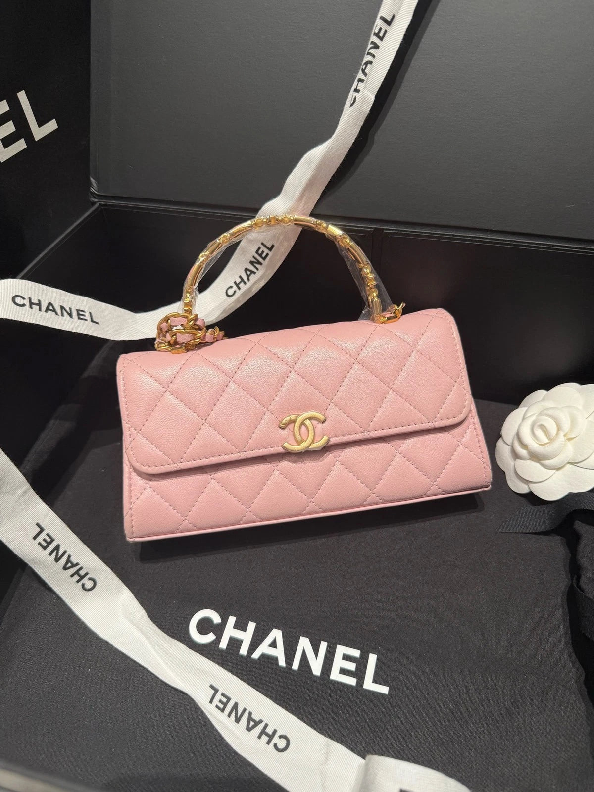 CHANEL Leather Pink Enamel Handle Large Kelly Bag For Women
