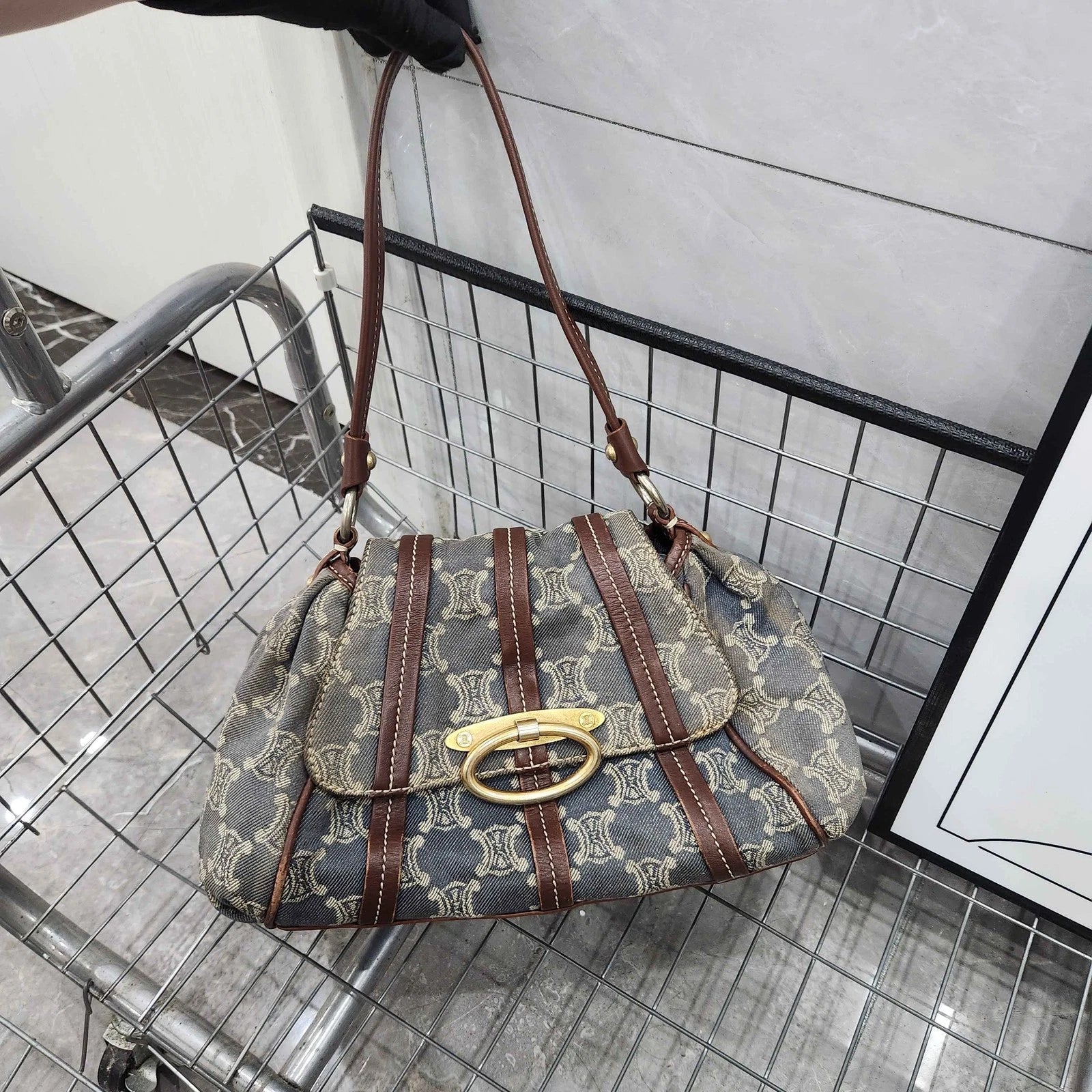 Celine Vintage Denim Triomphe Shoulder Handbag For Women