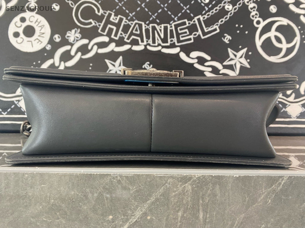Chanel Leboy MM Calfskin Chain Shoulder Bag Crossbody Gray Silver Women Classic