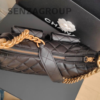 Chanel Quilted Black Gold Hobo Chain Shoulder Bag Small