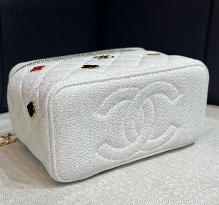 Chanel Diamond Chain Box Calfskin Crossbody White Gold Women Classic