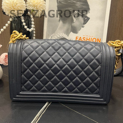 Chanel Le Boy Navy Blue Medium Quilted Chain Shoulder Bag Gold Hardware