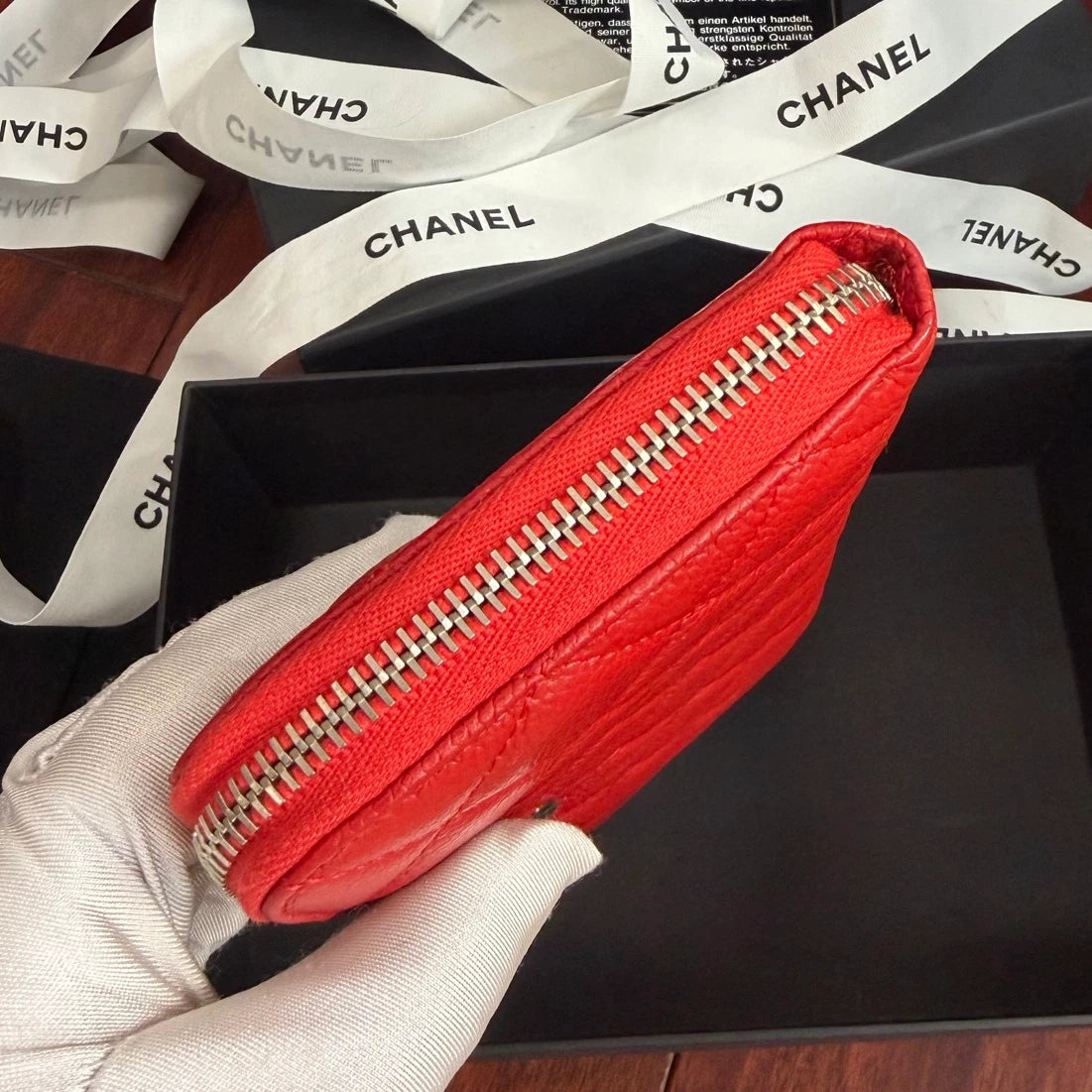 Chanel Diamond Long Wallet Red Silver Used Women Classic