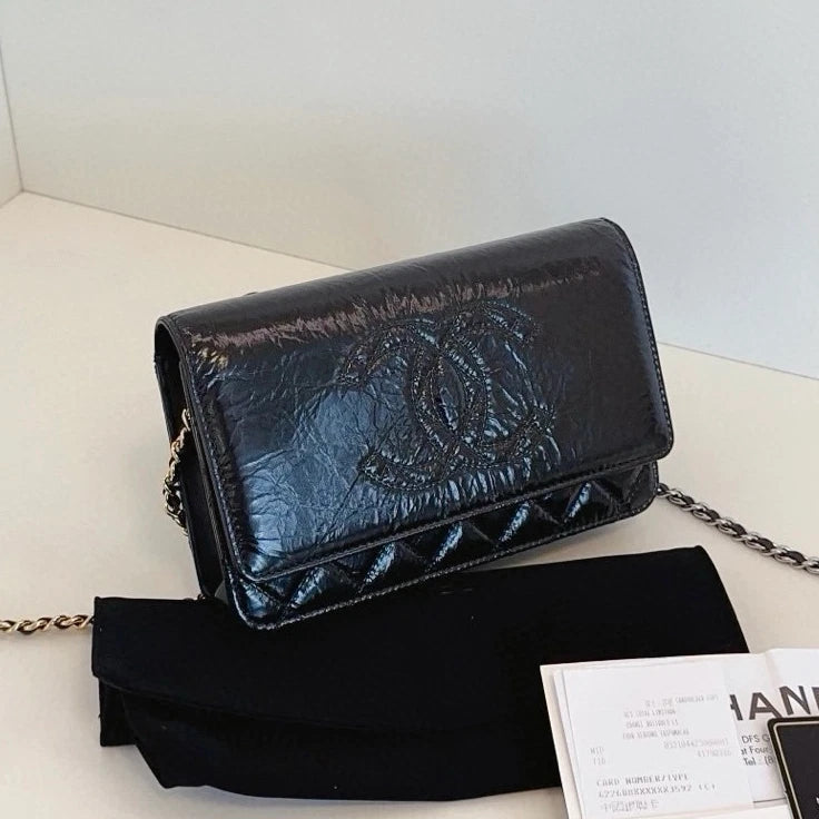 Chanel WOC Calfskin Chain Shoulder Bag Crossbody Black Gold Women Classic