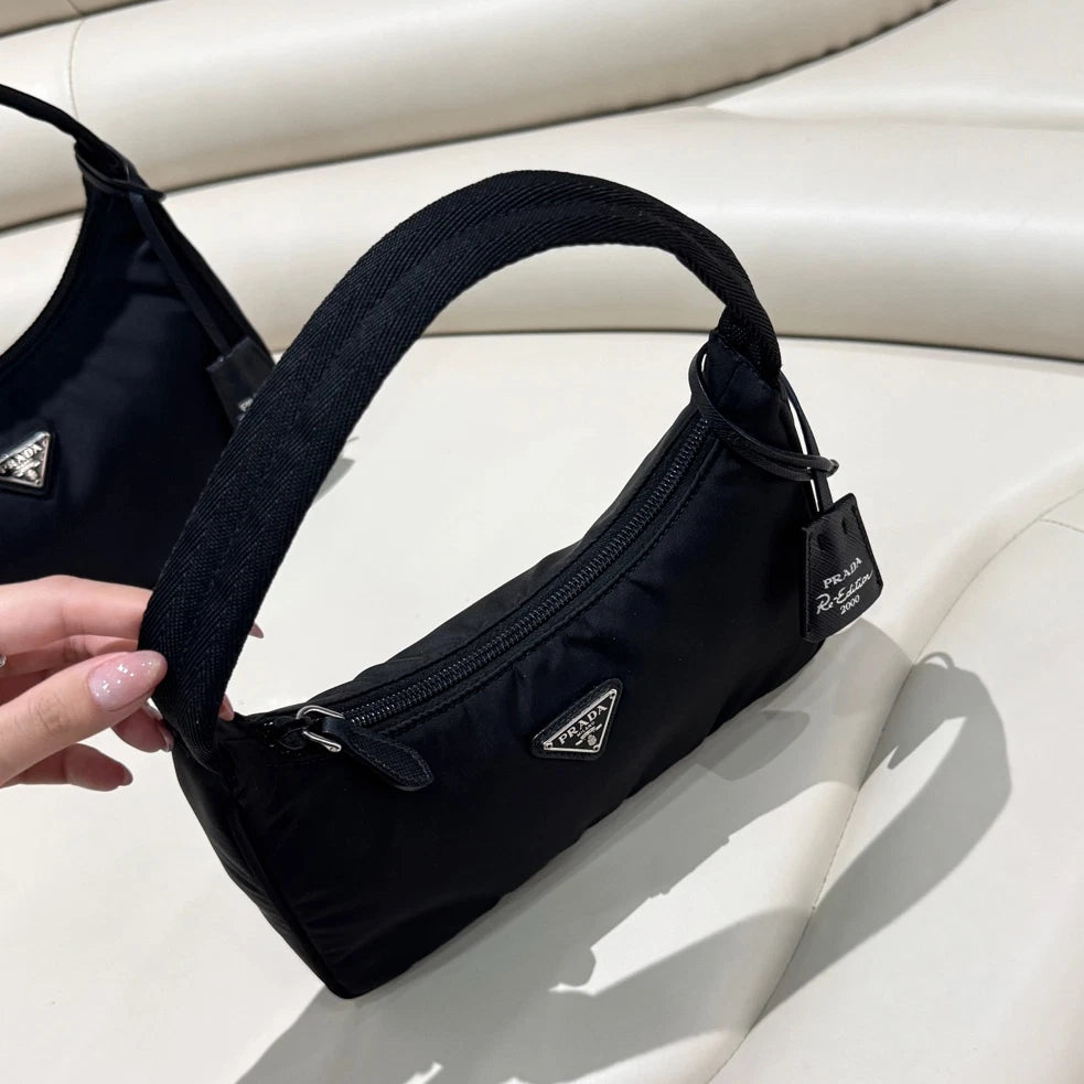Excellent Condition Prada Hobo Nylon Handbag Shoulder Bag Black Silver Hardware