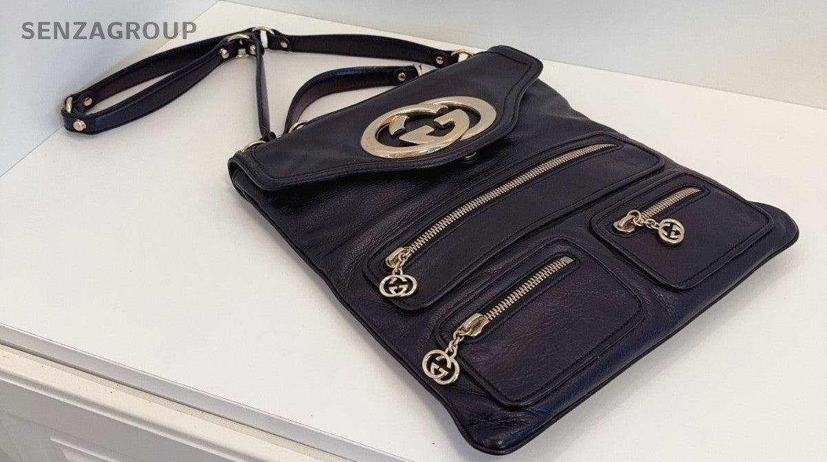 GUCCI GG Logo Top Handle 2way Shoulder Handbag Black Gold Women