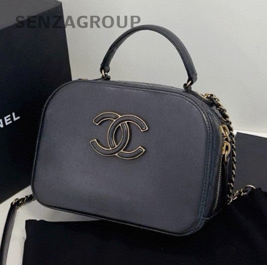 Chanel Camera Case Calfskin Top Handle Bag Chain Crossbody Black Gold Women