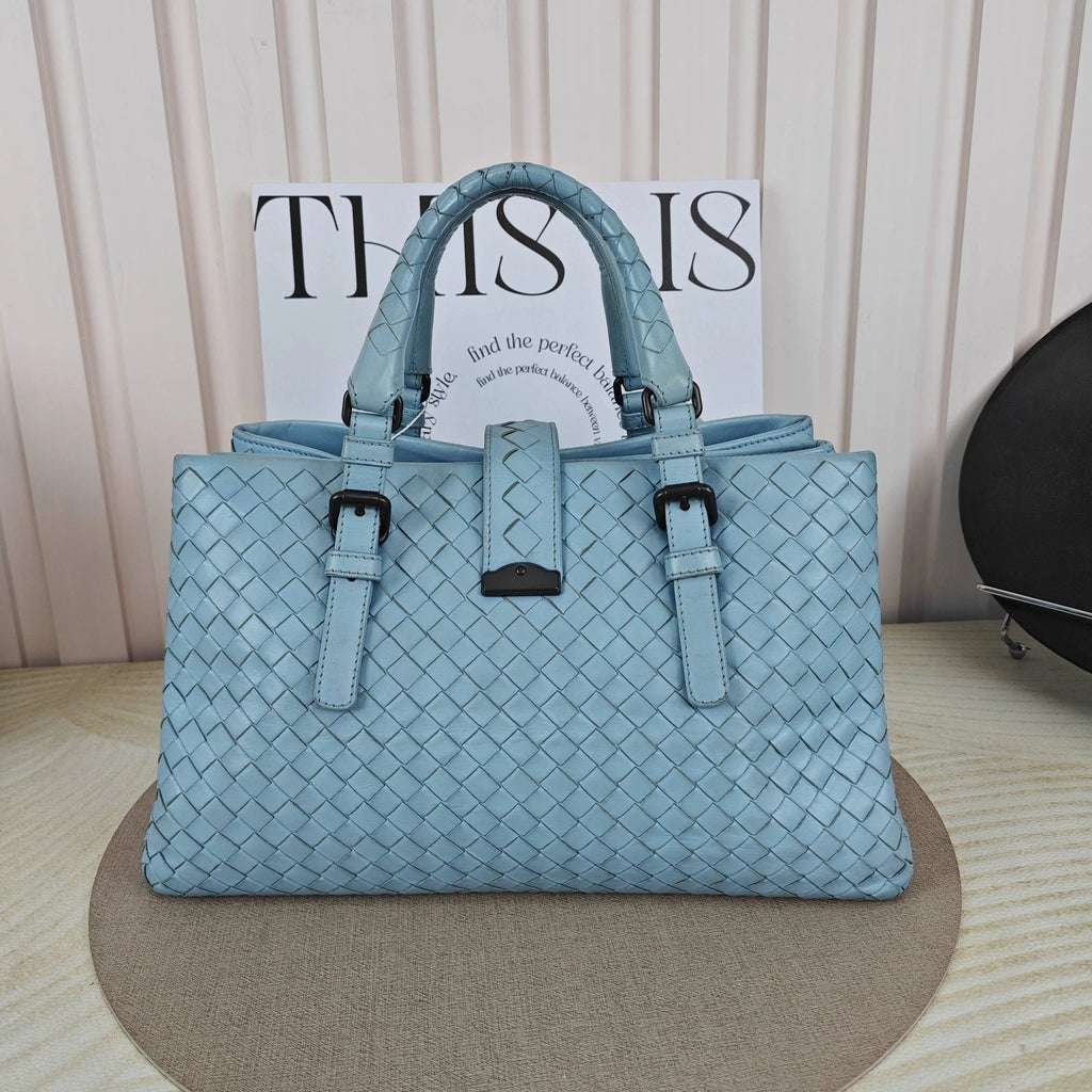 Bottega Veneta Blue Leather Woven Small Roma Tote Handbag For Women