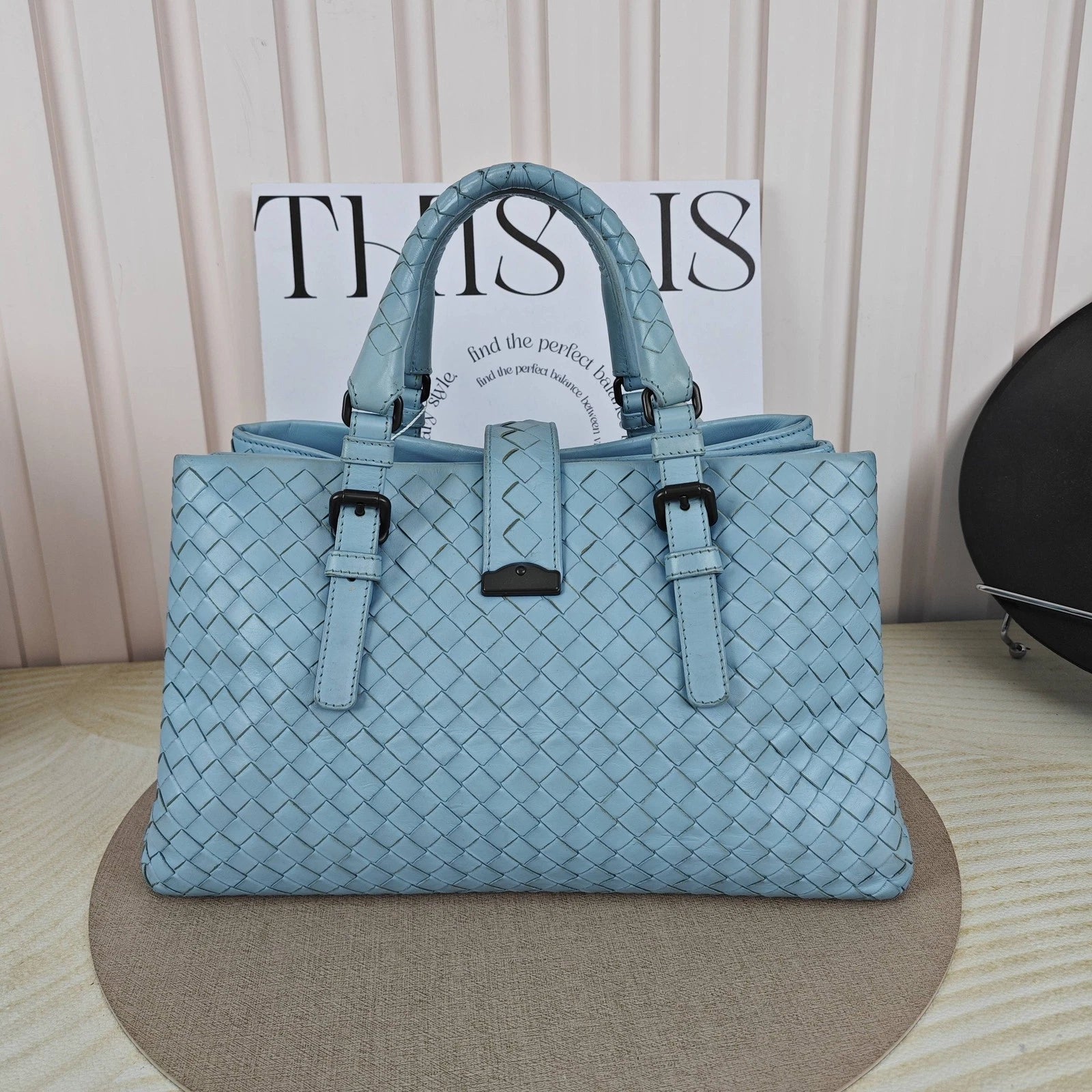 Bottega Veneta Blue Leather Woven Small Roma Tote Handbag For Women