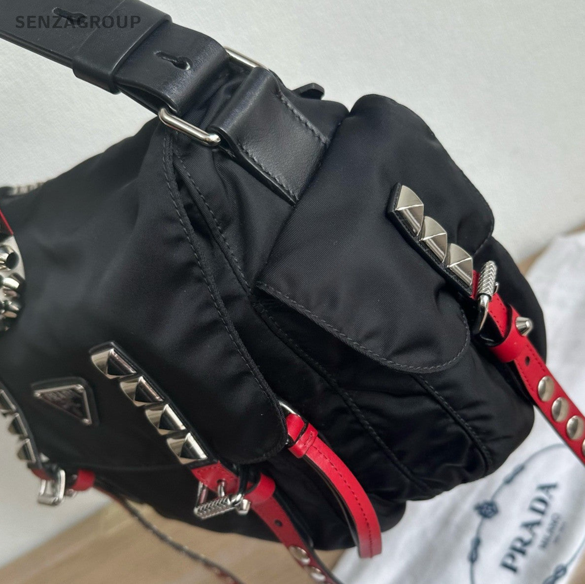Prada New Vela Nylon Shoulder Bag Crossbody Black Silver Women Classic