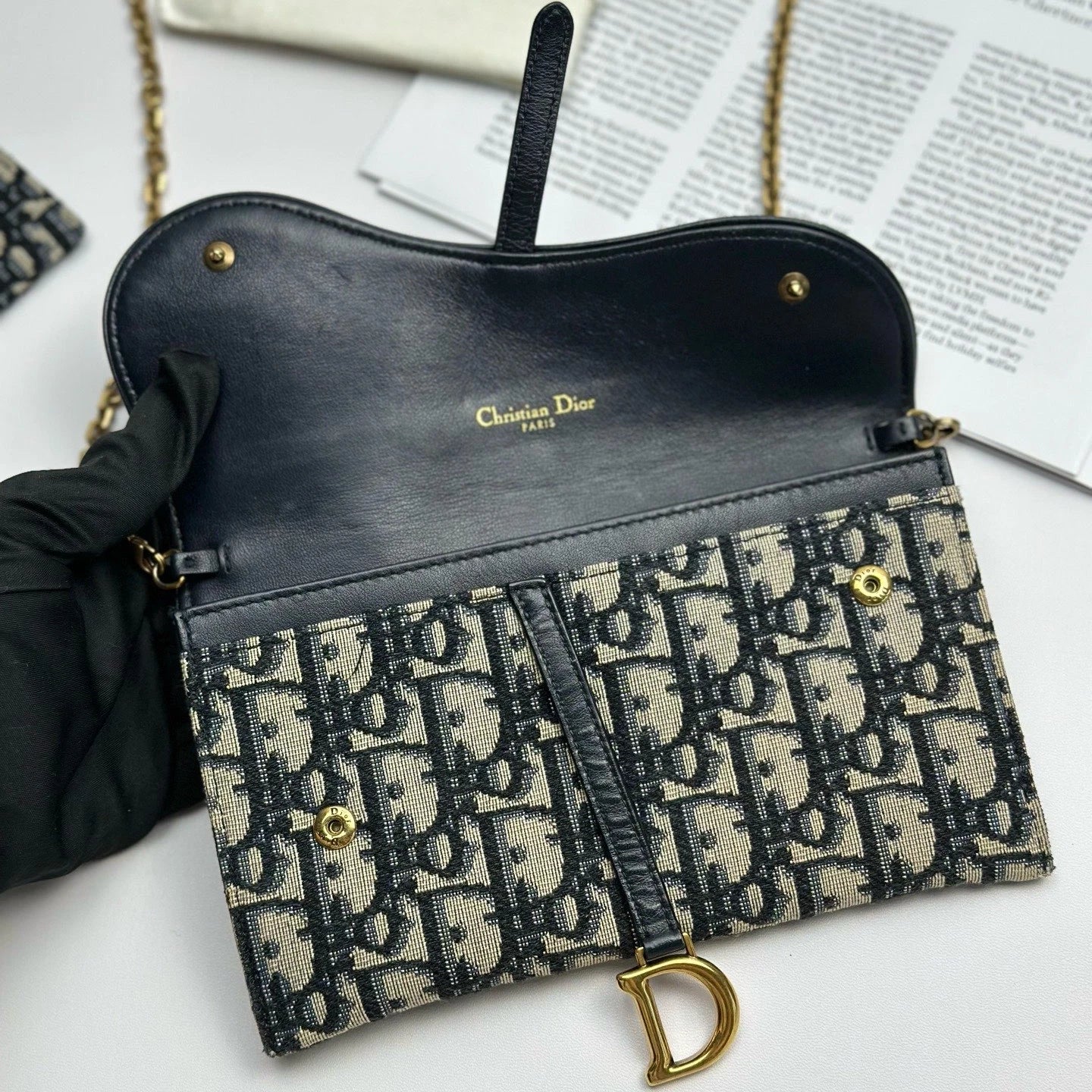 Christian Dior WOC Oblique Canvas Gold Chain Navy Shoulder Bag Crossbody