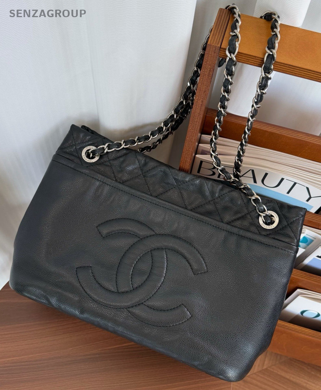 CHANEL CC Relief carving Calfskin Tote Chain Shoulder bag Black Silver Women
