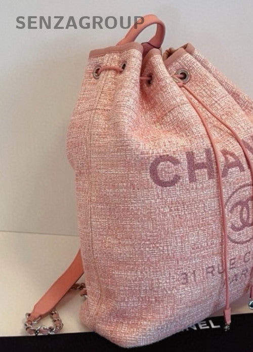 Chanel Canvas Calfskin Bucket Backpack Bag Pink Silver Used Women Classic