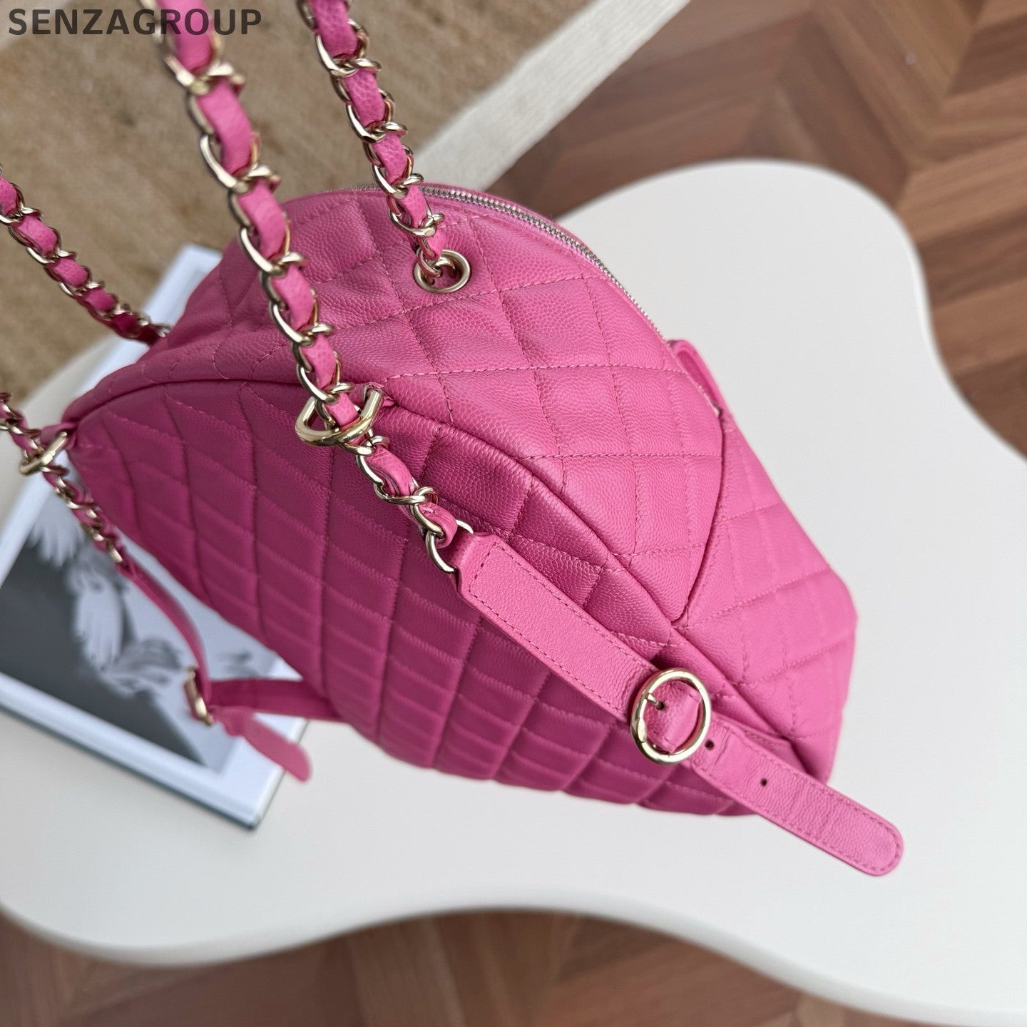 Chanel Diamond Chain Backpack Pink Gold Classic Fashion Women