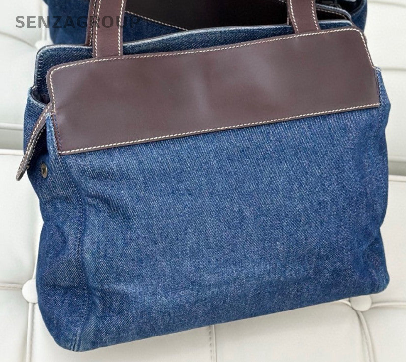 Chanel Denim Tote Shoulder Bag Blue Brown Used Women Classic Vintage