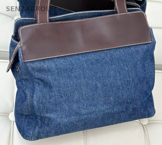 Chanel Denim Tote Shoulder Bag Blue Brown Used Women Classic Vintage