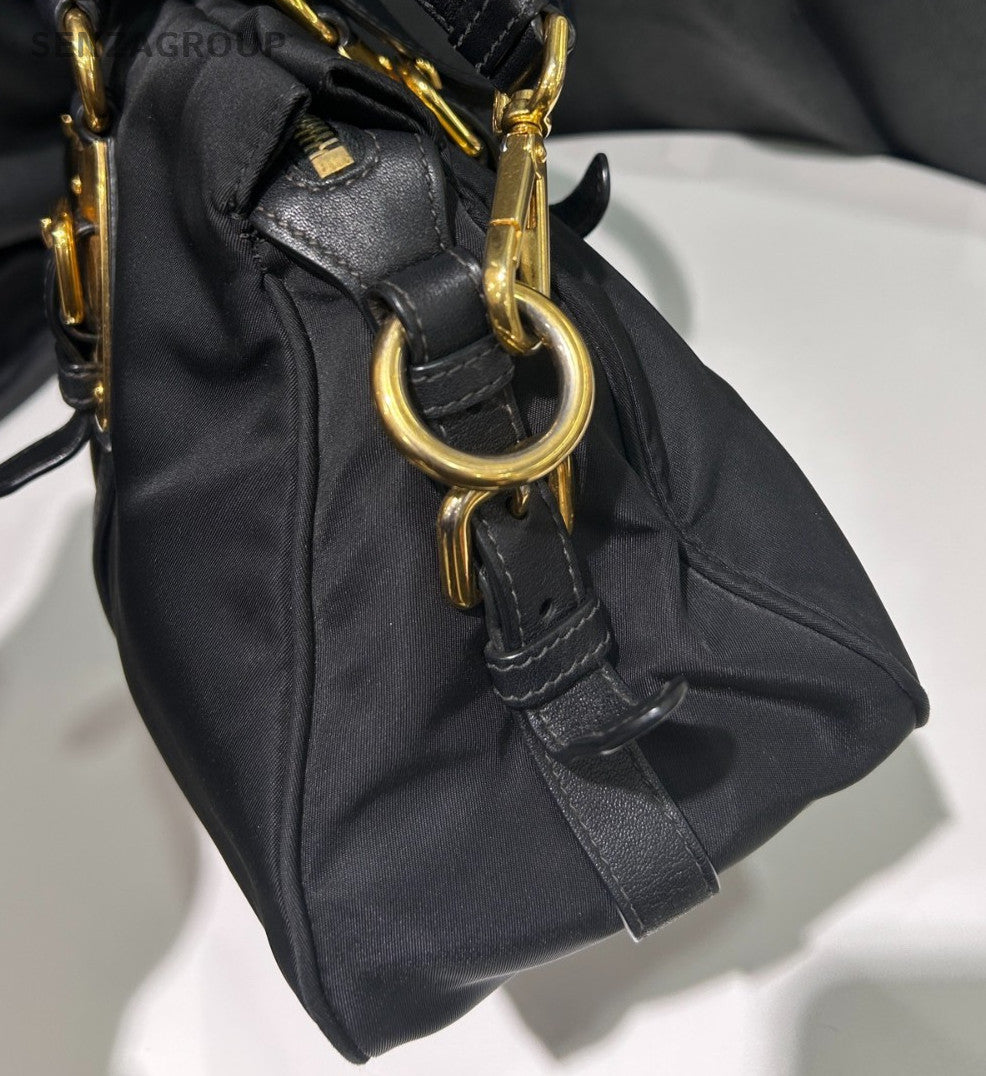 Prada Nylon 2Way Top Handle Bag Crossbody Black Gold Women Classic