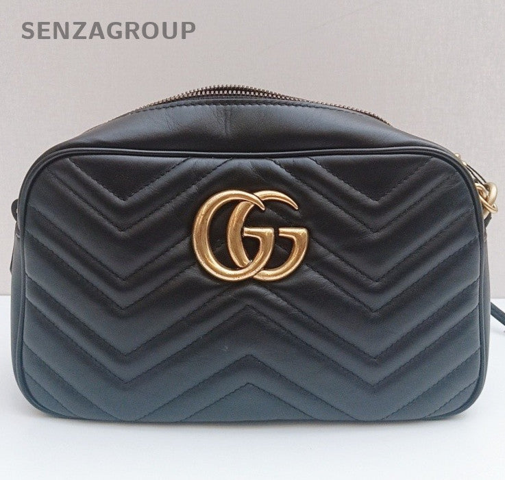 Gucci Marmont MM Chain Shoulder Bag Black Gold Used Women Classic
