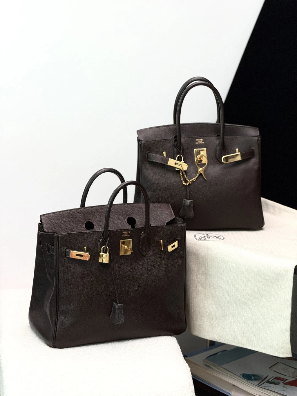 Authentic Hermes Hac 32 Ebene Epsom Leather Tote Top Handle Bag Gold Hardware