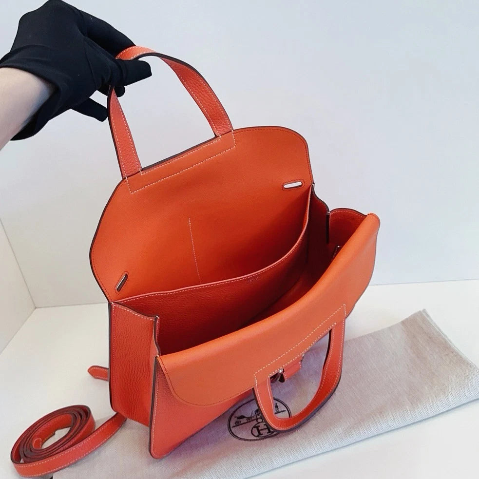Hermes Halzan31 TC Leather Handbag Crossbody Orange Silver Hardware