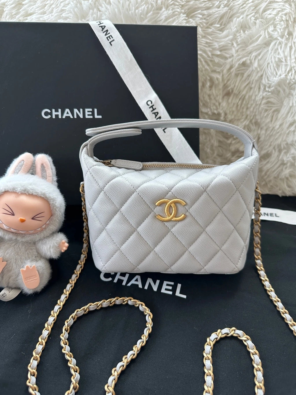 New CHANEL Gray Leather Lunch Box Bag For Women Handbag Shoulder Crossbody