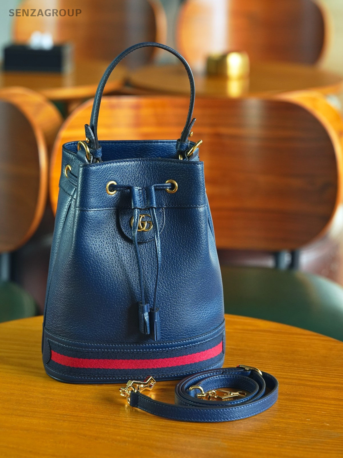 GUCCI Offidia Navy blue Leather Bucket bag Crossbody Handbag