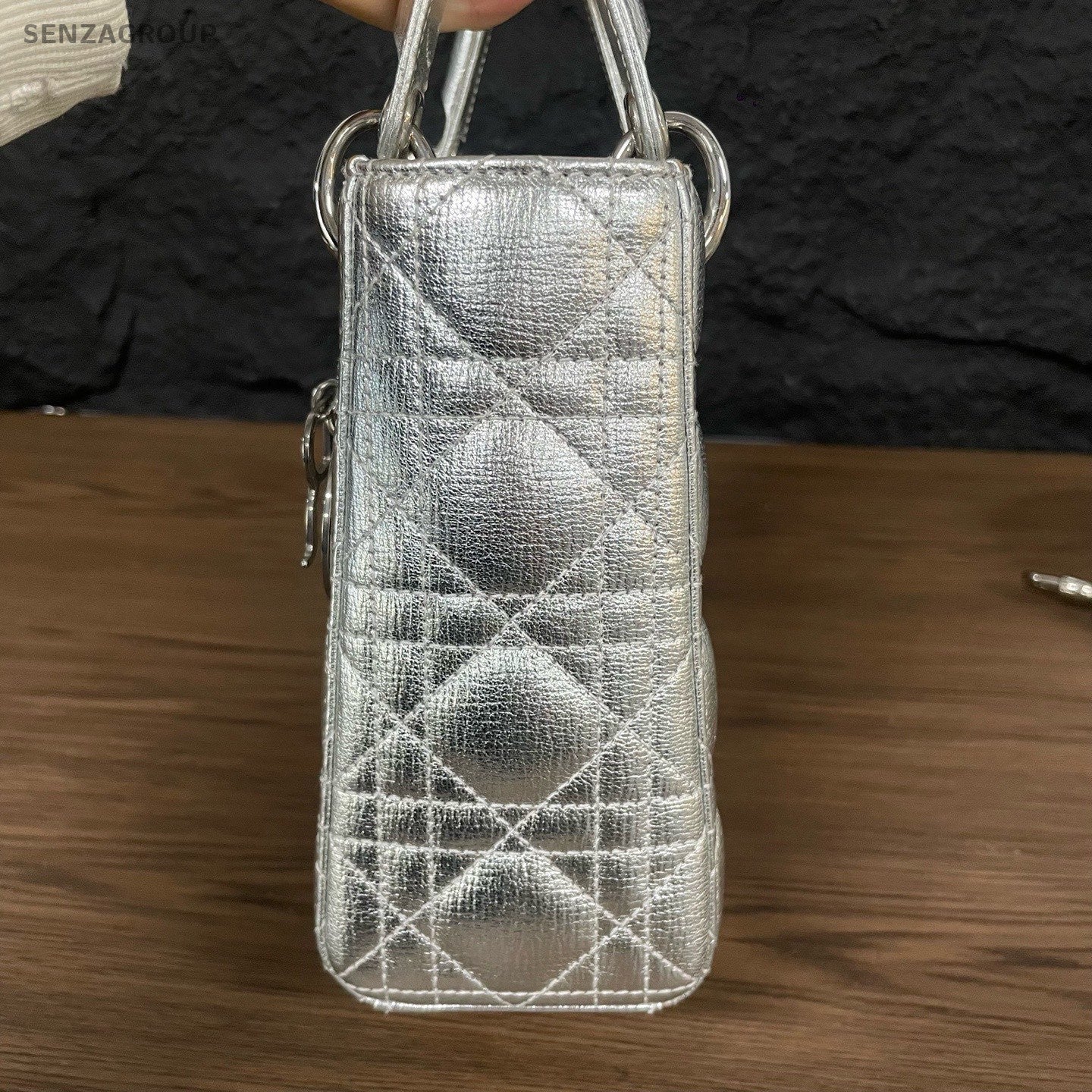 Christian Dior Lady Dior Calfskin Top Handle Bag Crossbody Silver Women Classic