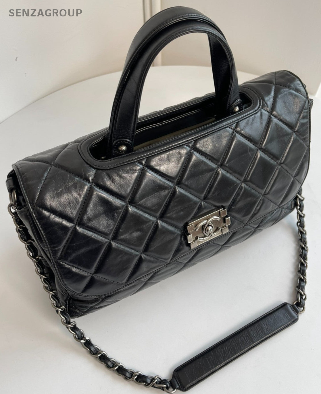 CHANEL Briefcase Top Handle Oil waxed leather Chain Shoulder Handbag Women Black
