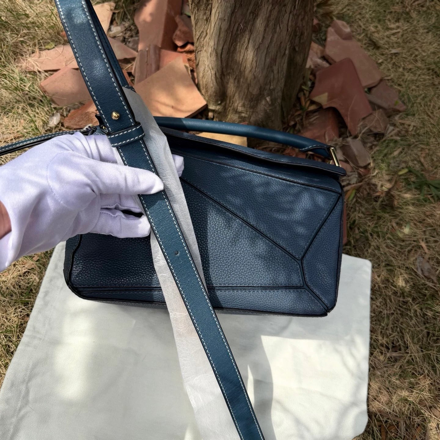 Loewe Puzzle PM Top Handle Crossbody Bag Blue Gold Women Classic