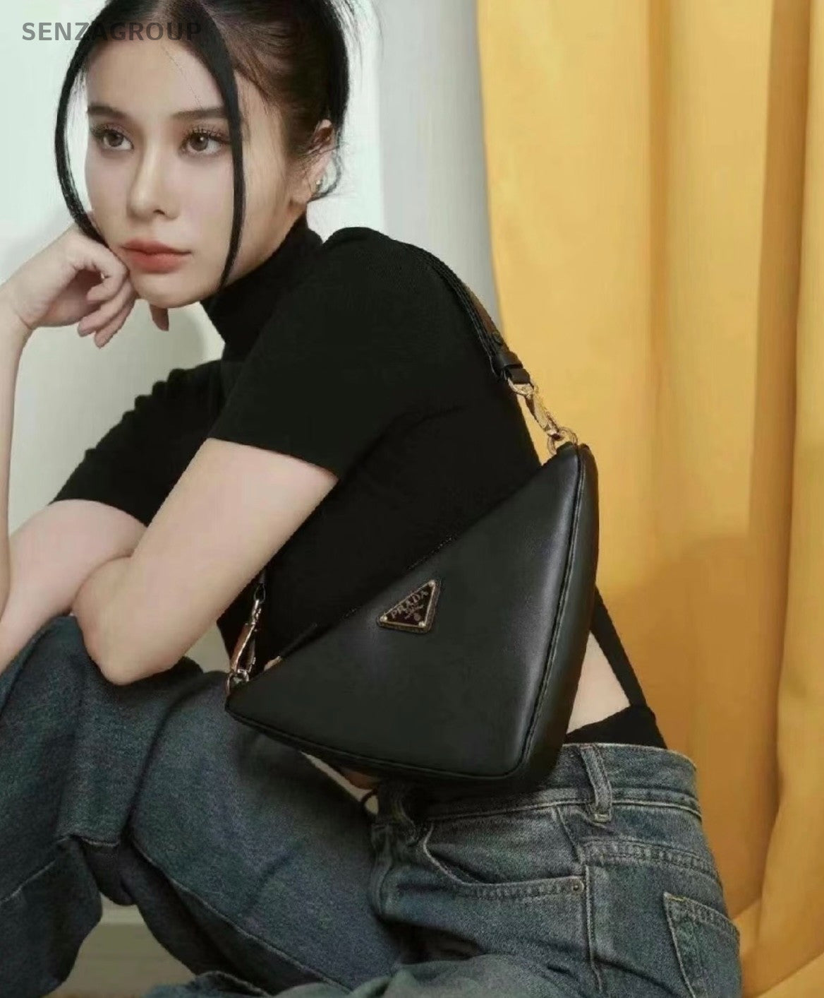 PRADA Puff Diamond pattern All Leather Chain 2way Shoulder Handbag Women black