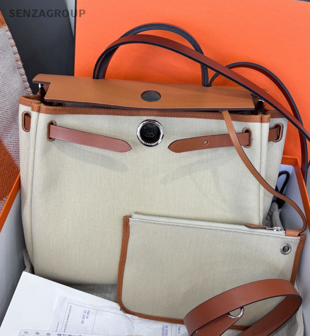 Hermes Herbag PM Canvas Top Handle Bag Crossbody White Silver Women Classic