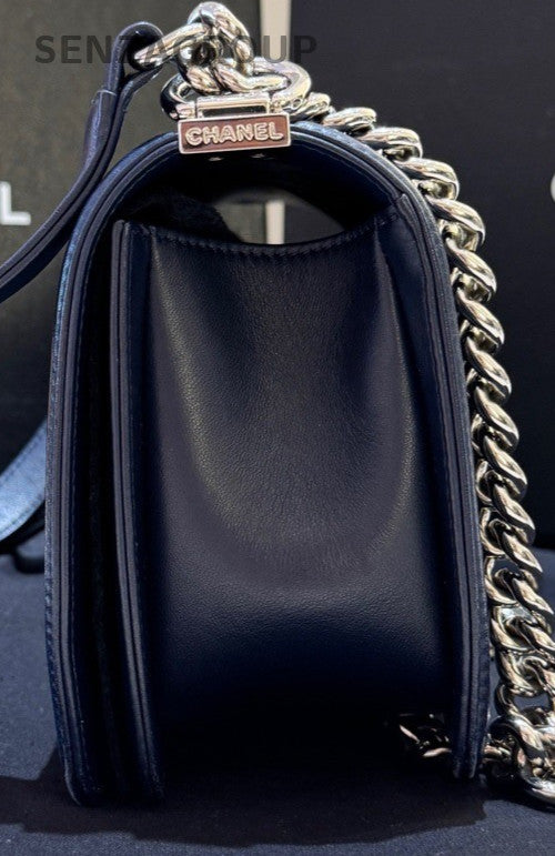 Chanel Leboy MM Lambskin Chain Shoulder Bag Blue Silver Women Diamond Classic