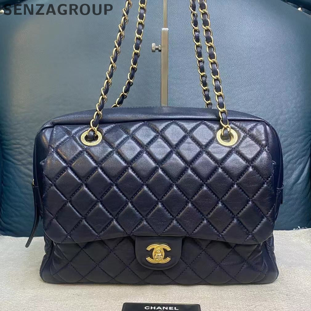 Chanel Large Camera Bag Quilted Chain Shoulder Bag Black Gold Classic Women