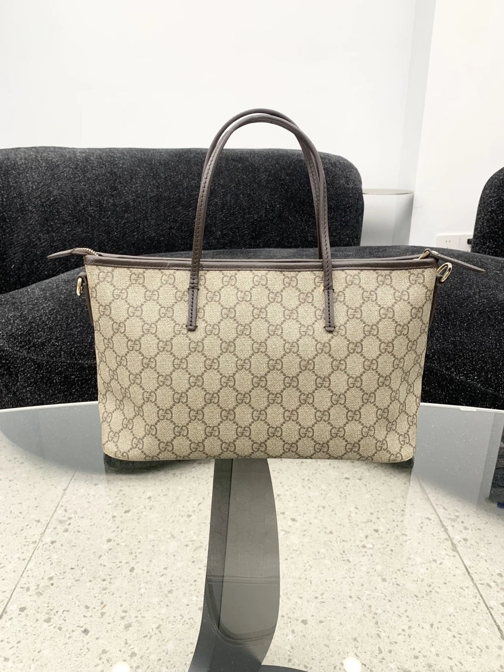 Gucci Tote PM Calfskin Monogram Shoulder Bag Brown Women Classic S