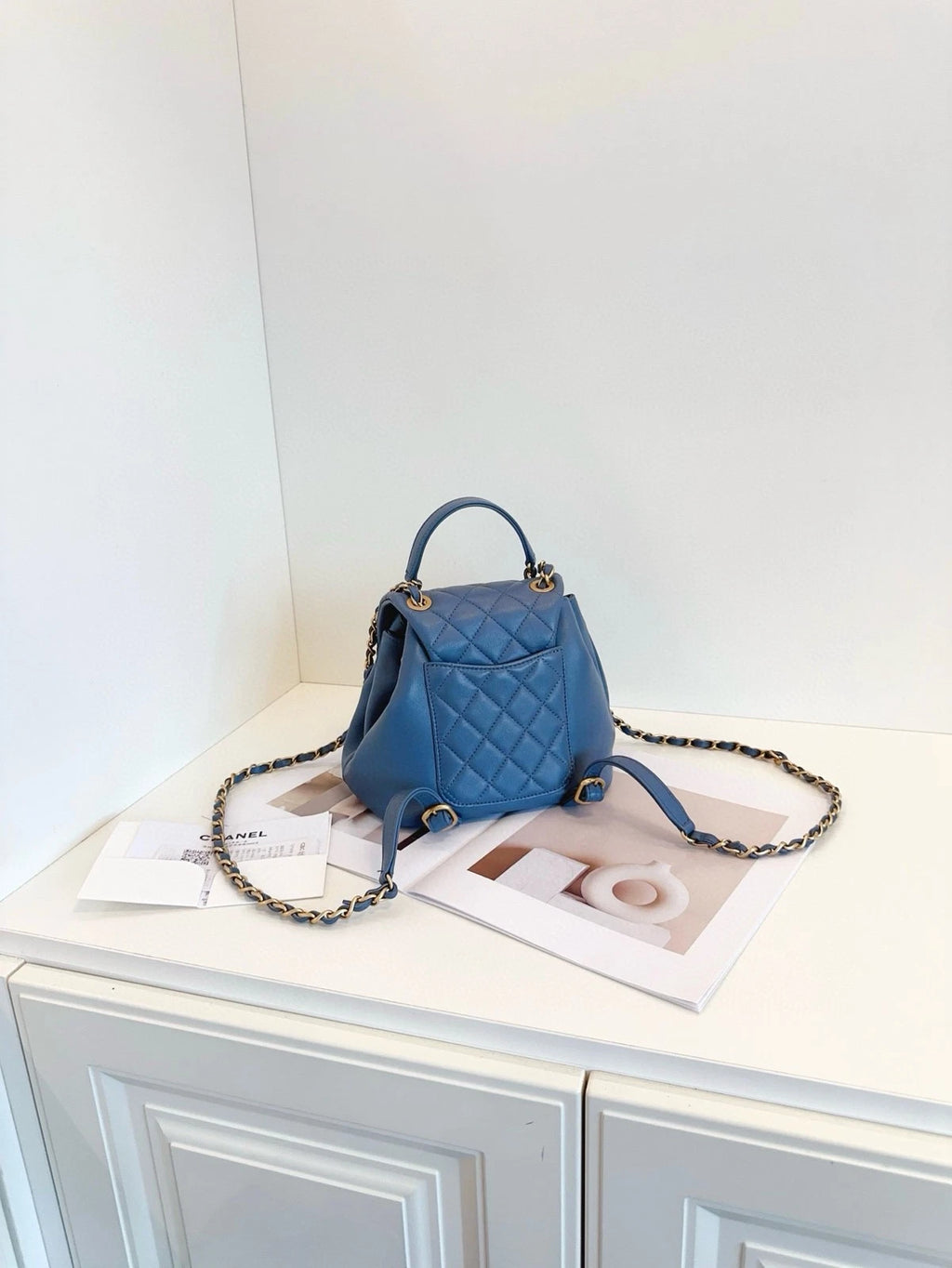 CHANEL Dusty Blue Gold Chain Backpack For Women