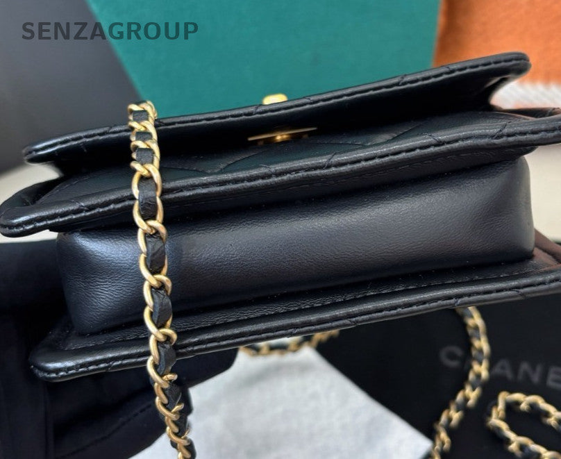 Chanel Diamond Mini Chain Shoulder Bag Crossbody Black Gold Women Classic