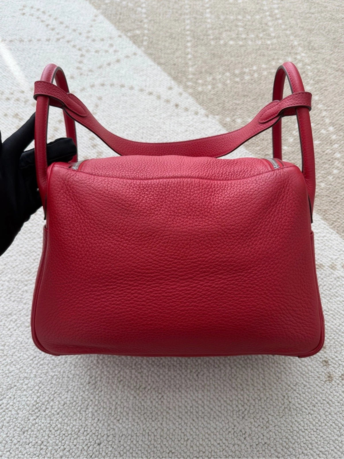 Hermes Lindy30 TC Leather Top Handle Shoulder Bag Red Silver Women Classic