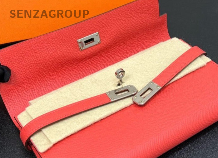 Hermes Kelly long Epsom Leather Wallet Kelly Togo Red Silver Women Designer