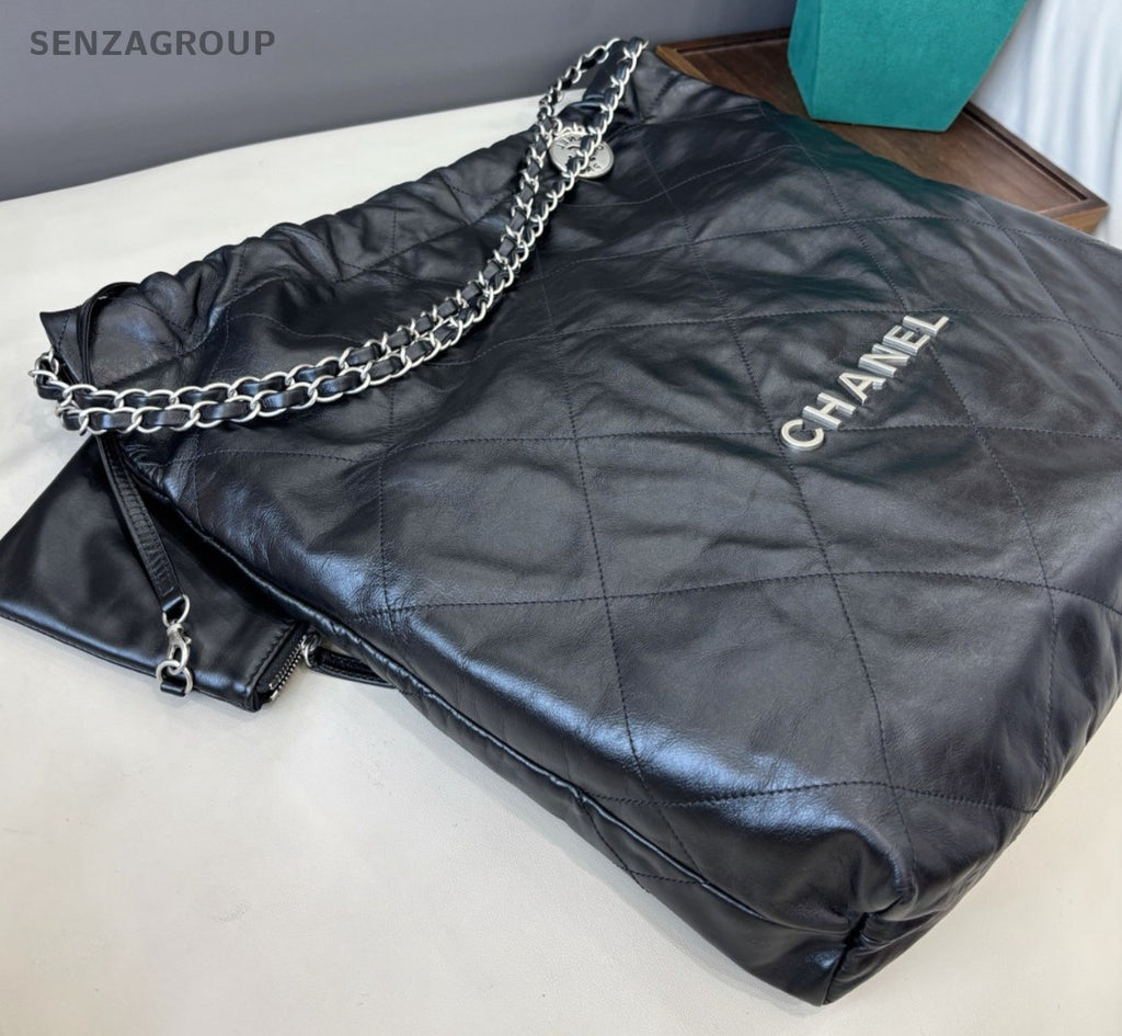 Chanel 22Bag GM Chain Shoulder Bag Crossbody Black Silver Diamond Women Classic