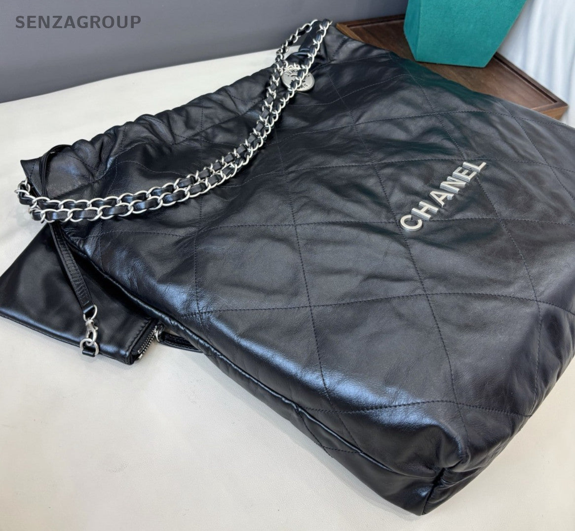 Chanel 22Bag GM Chain Shoulder Bag Crossbody Black Silver Diamond Women Classic