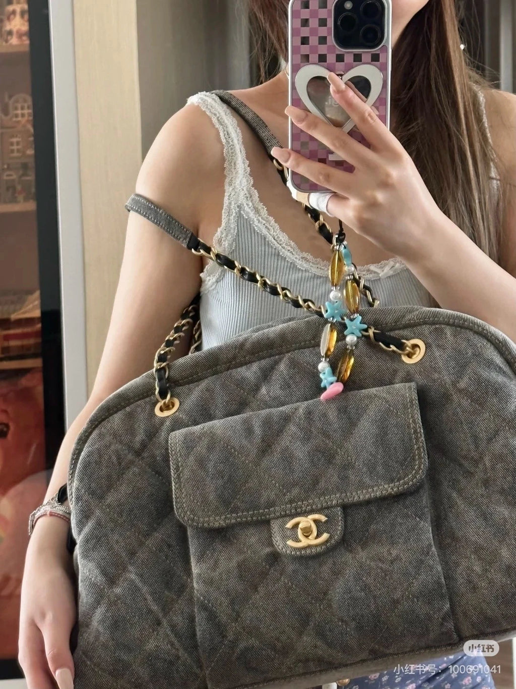 Chanel Distressed Grey Denim Maxi Bowling Bag For Women