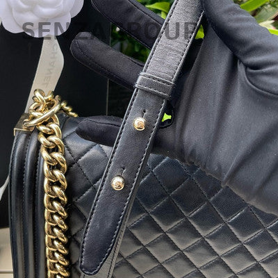 CHANEL Black Gold Le Boy Large Chain Shoulder Bag Quilted Classic