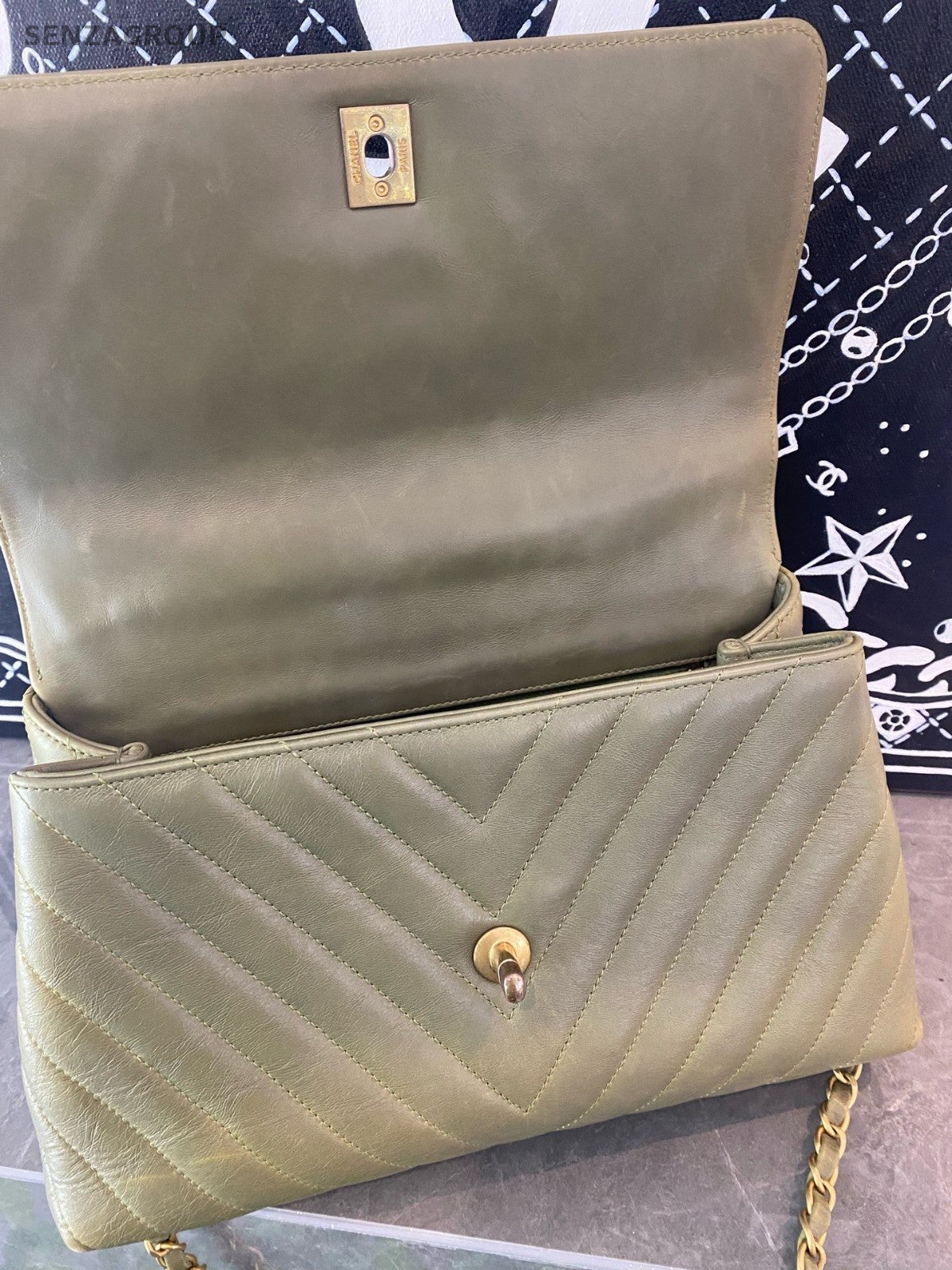 Chanel Cocohandle MM Top Handle Bag Chain Crossbody Green Gold Women Classic