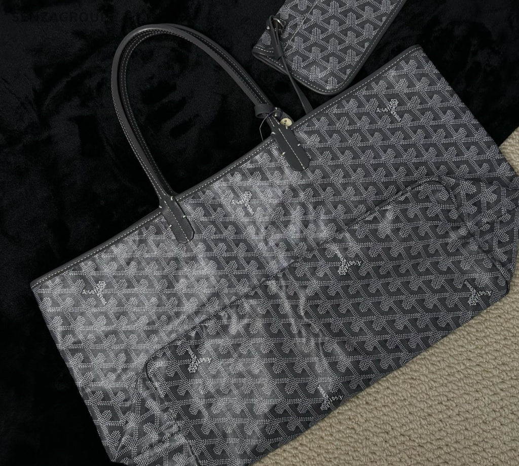 Goyard MM Canvas Monogram Tote Top Handle Shoulder Bag With Pouch Women Gray.