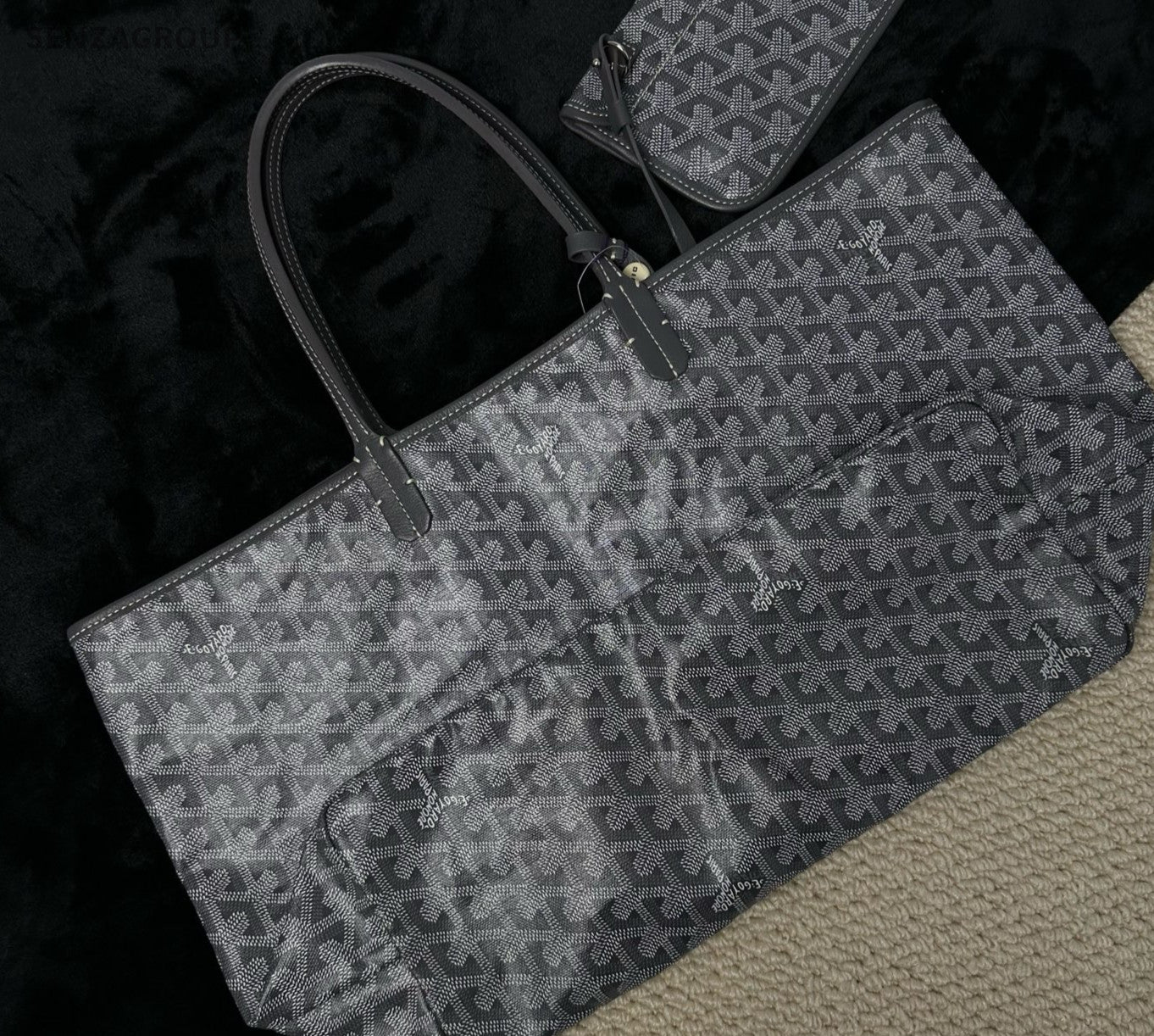 Goyard MM Canvas Monogram Tote Top Handle Shoulder Bag With Pouch Women Gray.