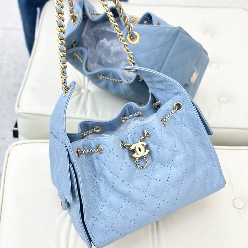 Chanel 25Bag PM Calfskin Chain Shoulder Bag Blue Gold Hardware Women S