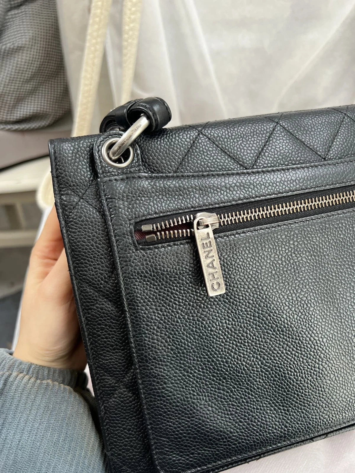 Chanel Bombay Calfskin Chain Shoulder Bag Black Silver Women Classic