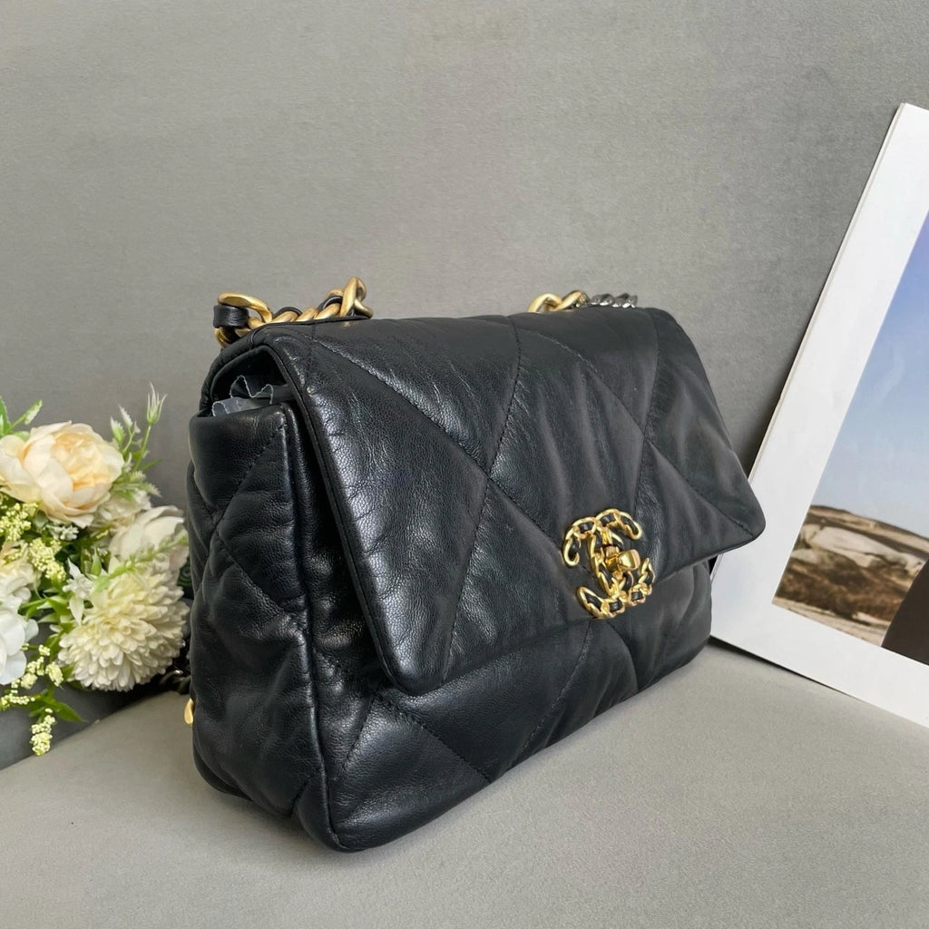 CHANEL 19Bag Small Black Gold Lambskin Shoulder Bag For Women