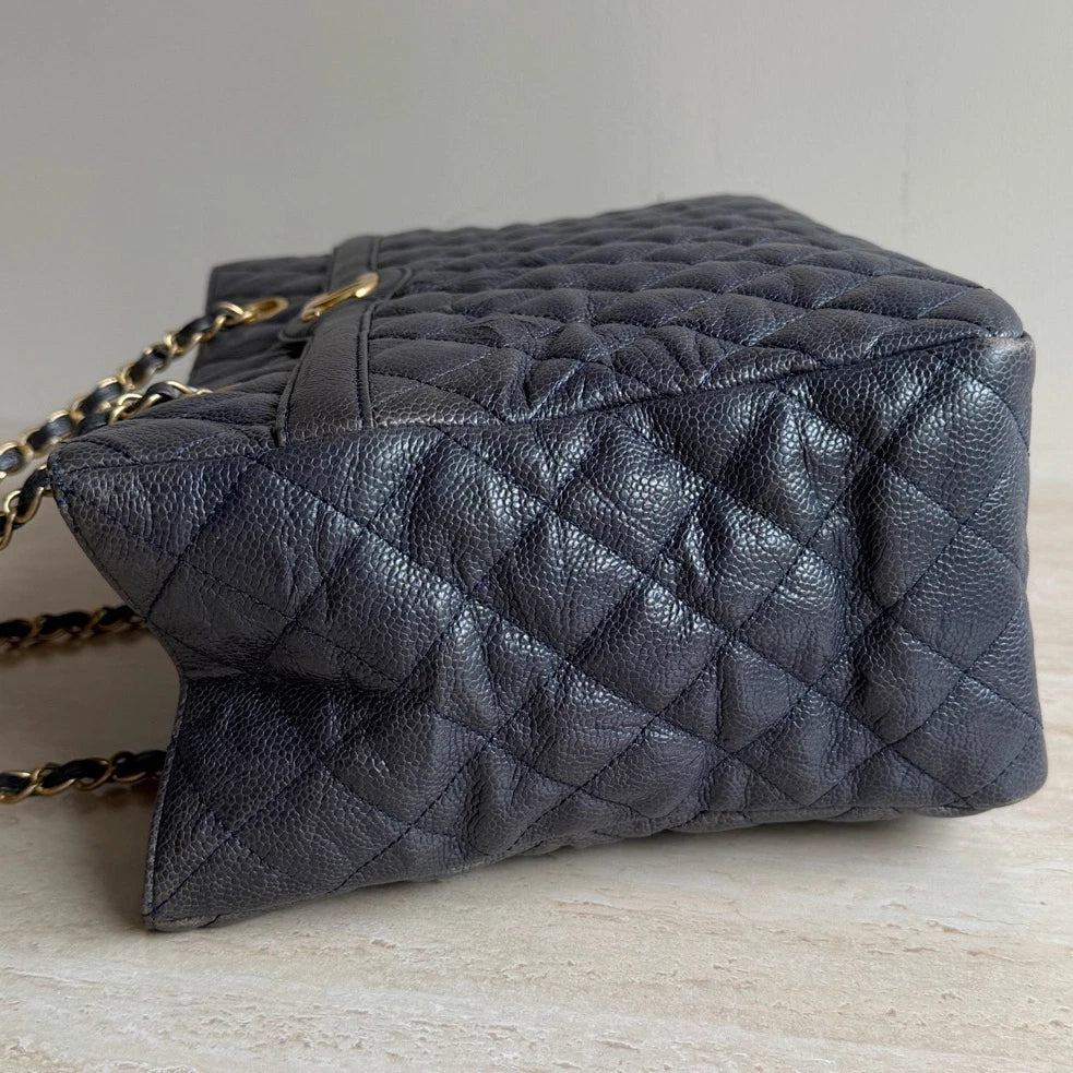 Chanel Calfskin Leather Diamond Navy Tote Gold Chain Shoulder Bag